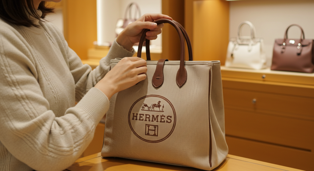 エルメスの布バッグを購入する女性