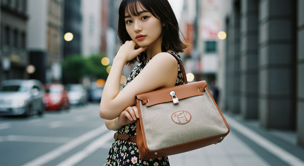 エルメスバッグを肩にかけるモデル女性