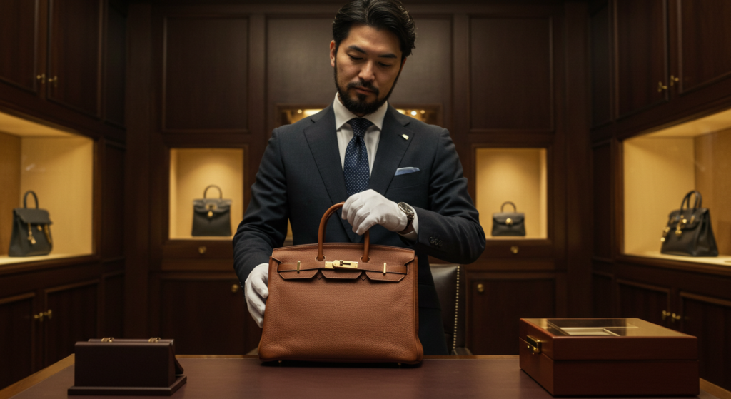 バーキンの買取査定をする鑑定士