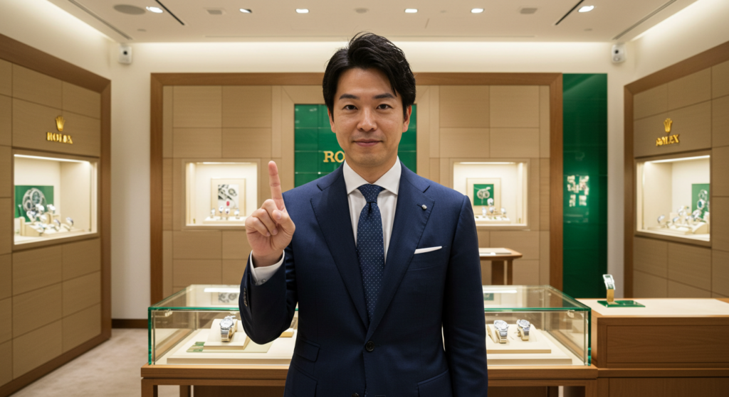 指を1本立てているロレックス店員