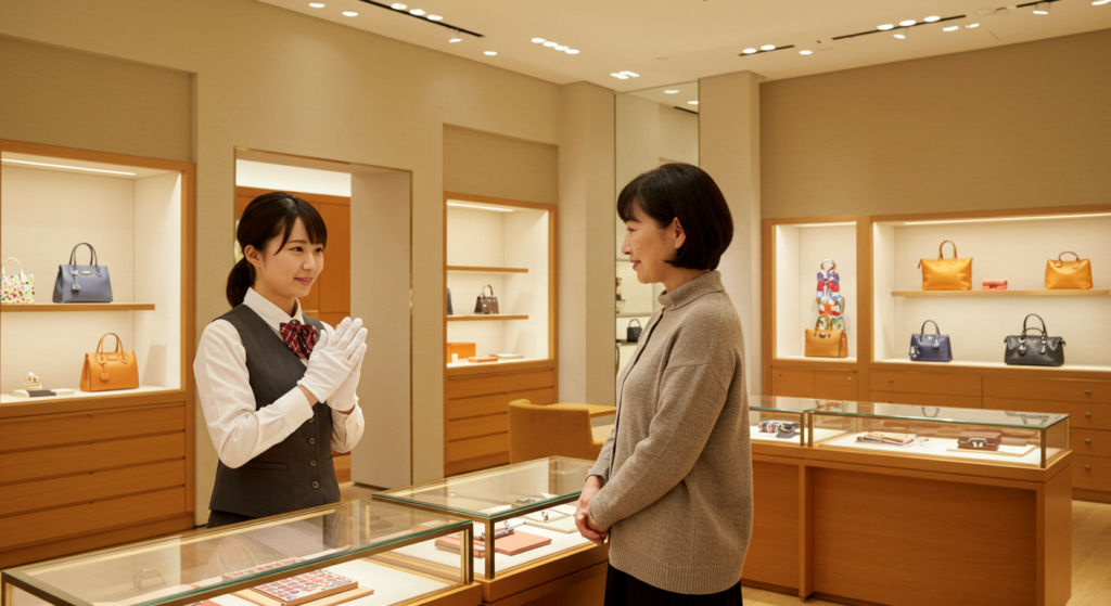 エルメスの店員と女性客が在庫の確認をするが断っている