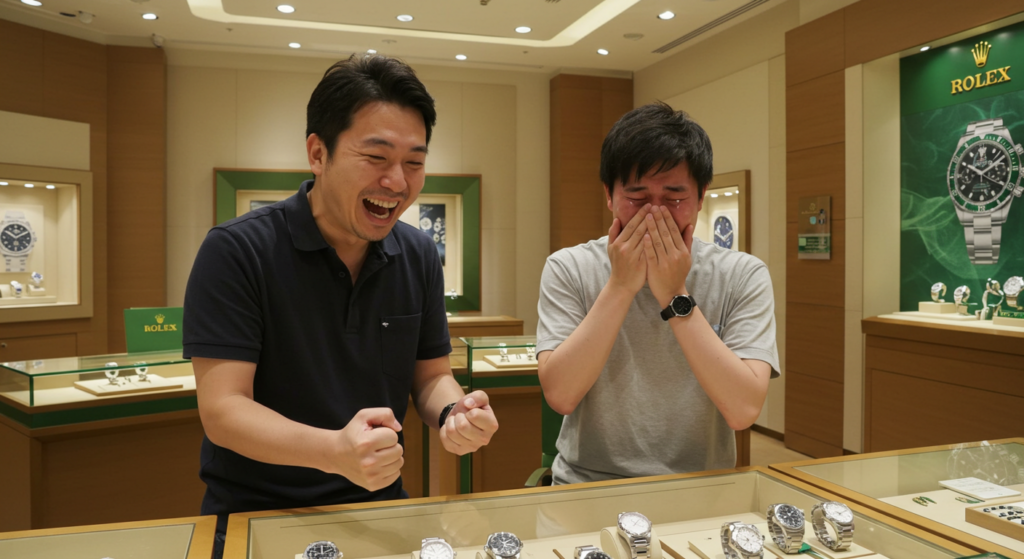 ロレックスの店で喜ぶ男性となく男性