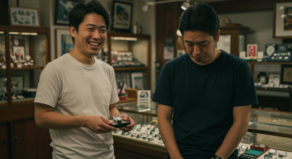中古時計を購入して喜ぶ男性と悲しむ男性