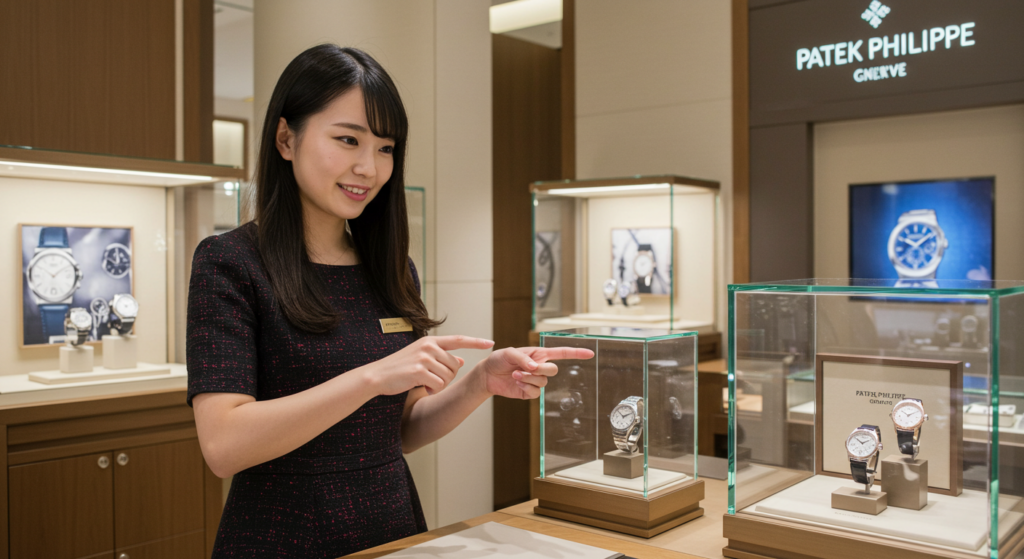 商品の紹介をするパテックフィリップの女性店員