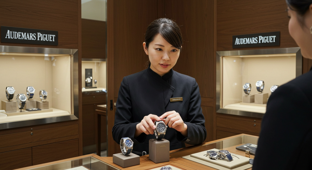 新作モデルの紹介をするオーデマピゲの女性店員