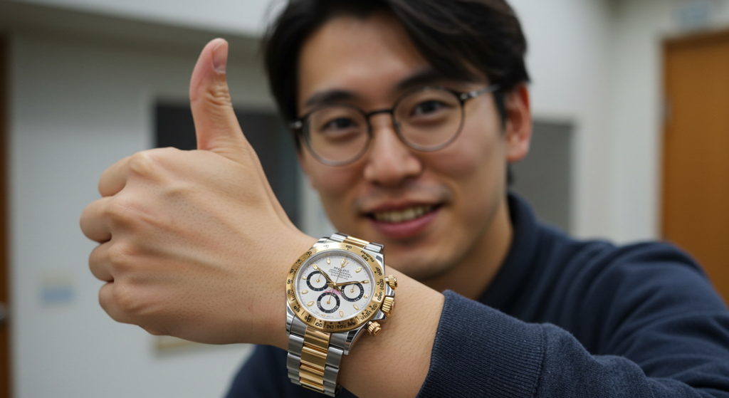 デイトナコンビモデルを着用したサムズアップをしている男性