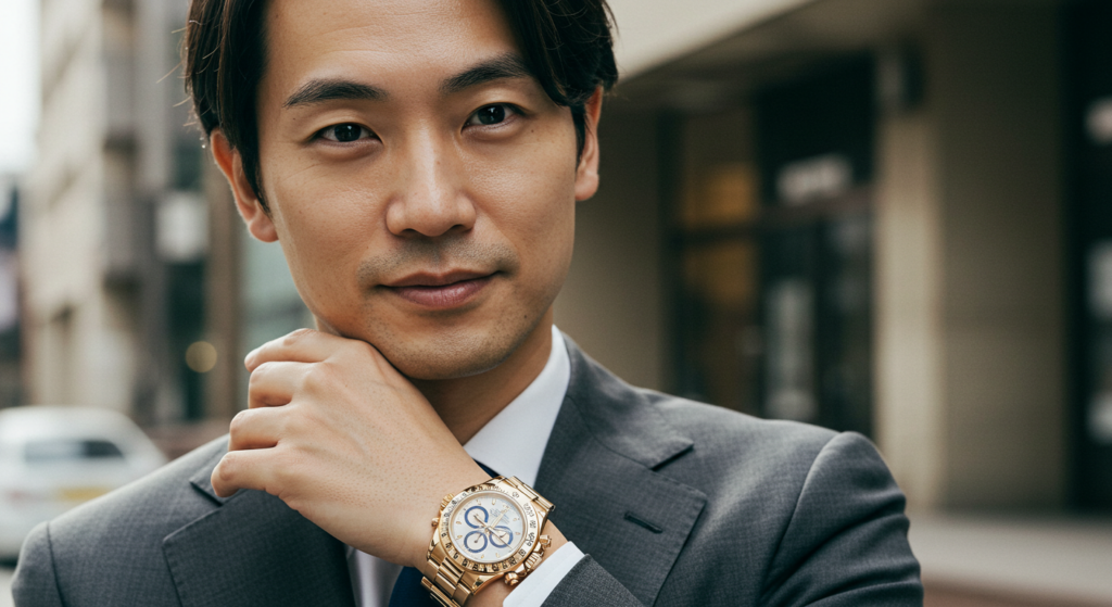 デイトナ金無垢モデルを着用する男性