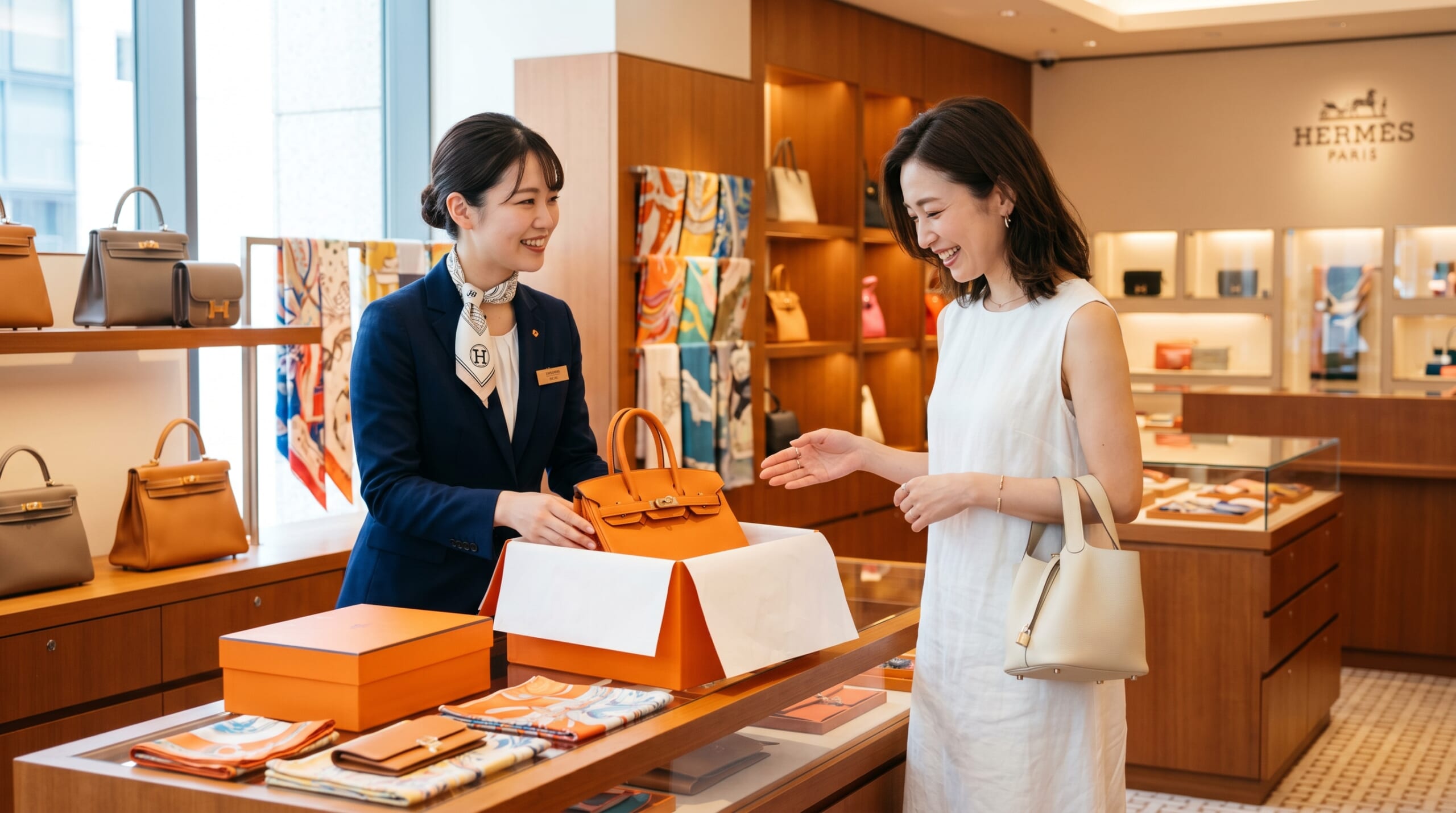 エルメスの店舗内で接客する様子