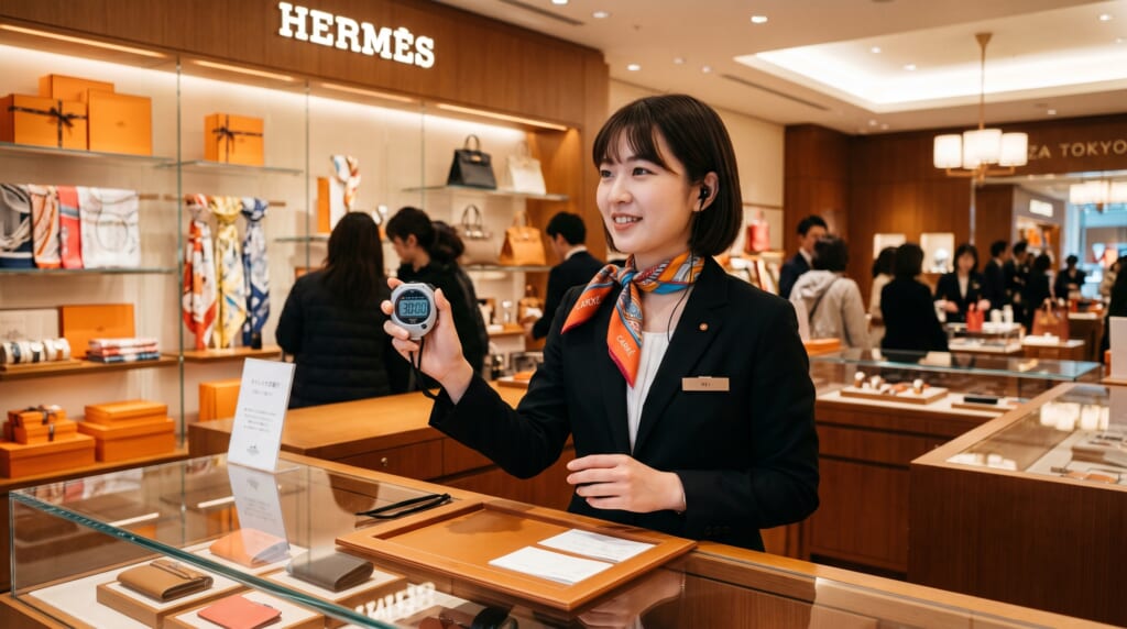 ストップウォッチで30分計測するエルメス店員