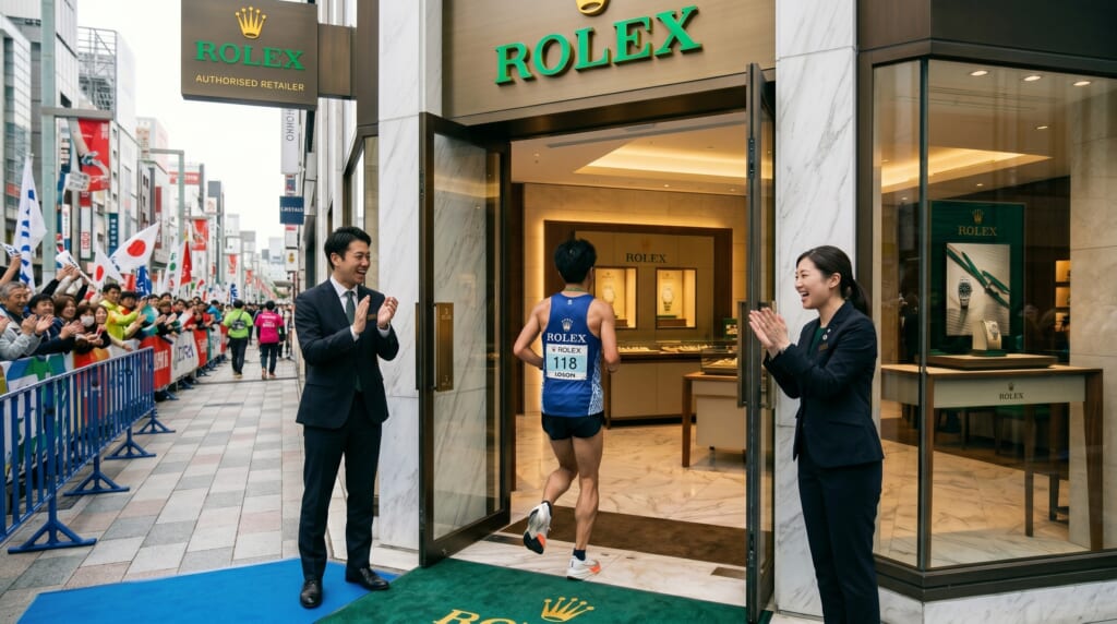ロレックス店内に駆け込むマラソンランナー