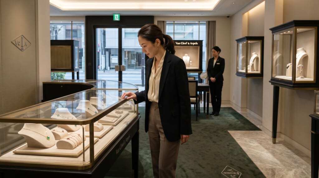ヴァンクリの店舗で選ぶ女性