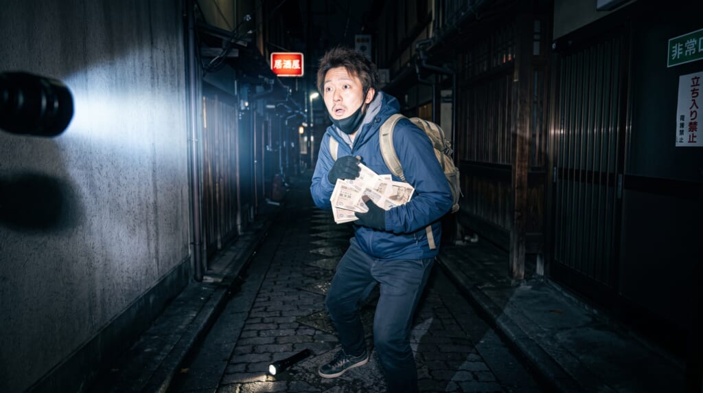 札束を抱えているところを見つかる男性
