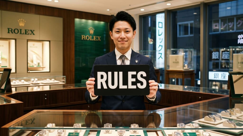 ルールと書かれたボードを持つロレックス店員
