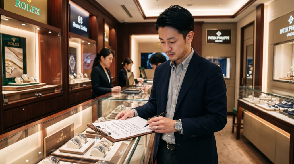 高級時計店でチェックする男性