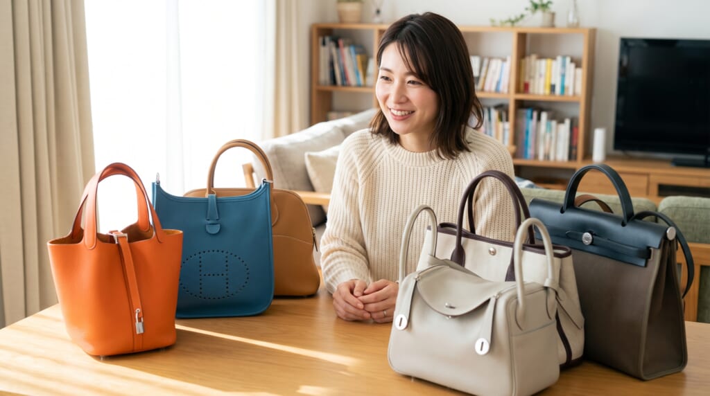 エルメスオンラインでの購入品を並べる女性