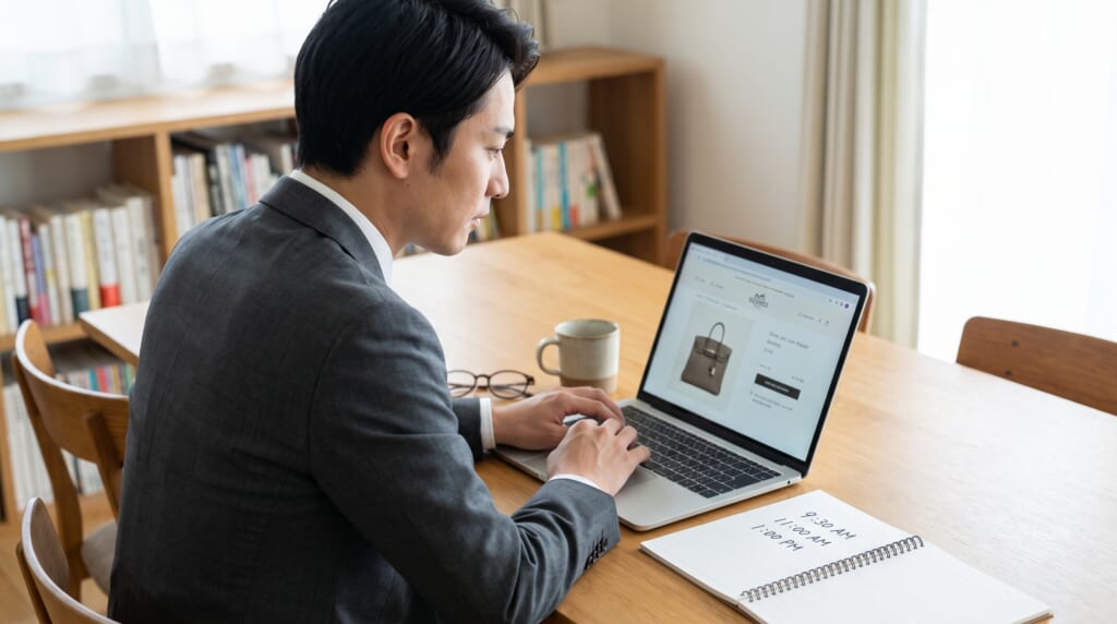 エルメスオンラインの調査をする男性