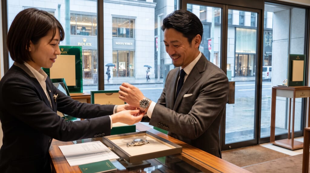 サブマリーナーを正規店で購入する男性