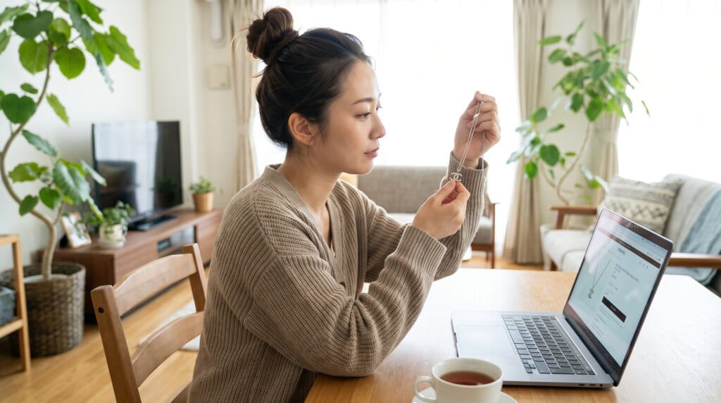 シャネルのネックレスをレビューする女性