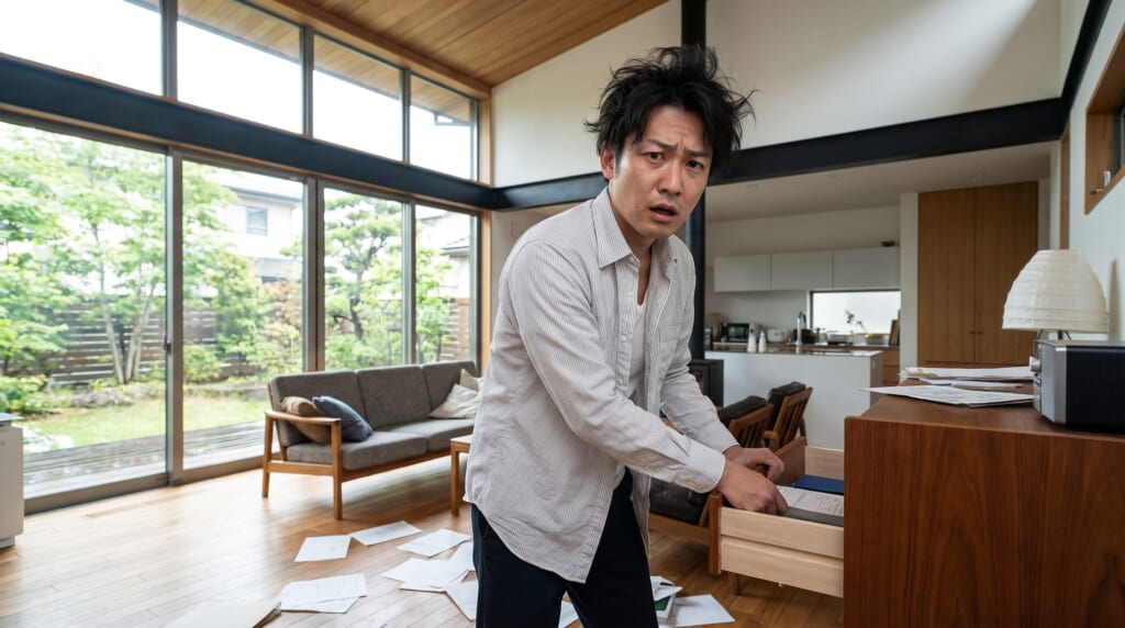 探し物をして焦る男性