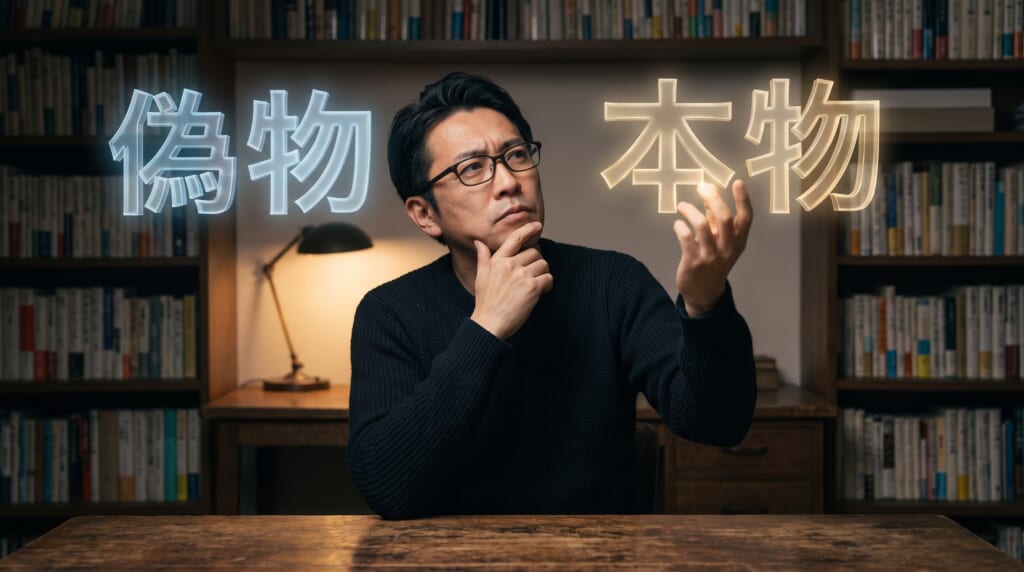 本物と偽物を考える男性