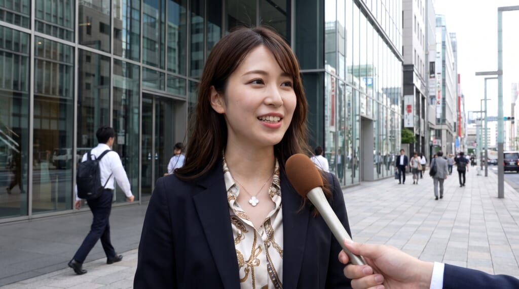 インタビューを受けるヴァンクリ着用女性