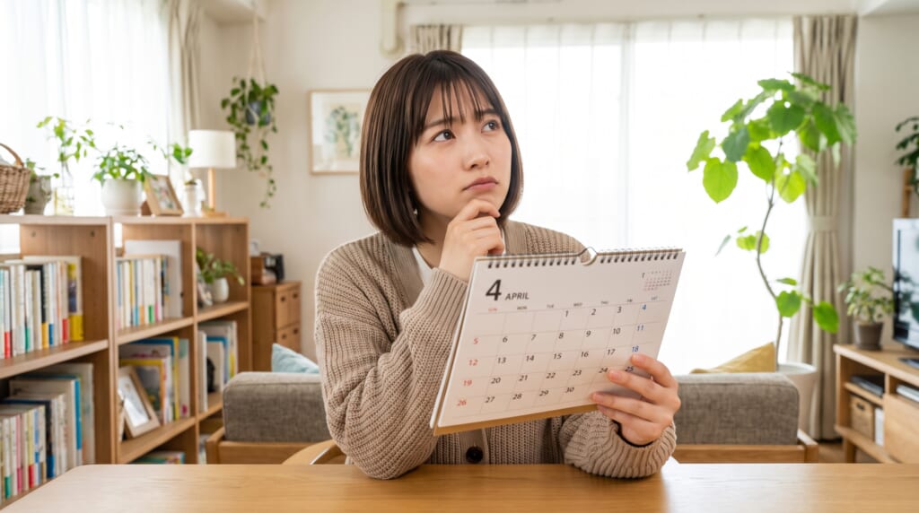 カレンダーを見てブランド買取時期を考える女性