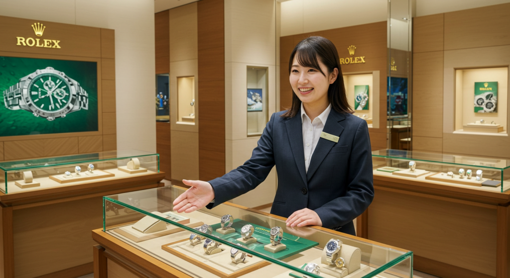 商品を紹介するロレックスの女性店員