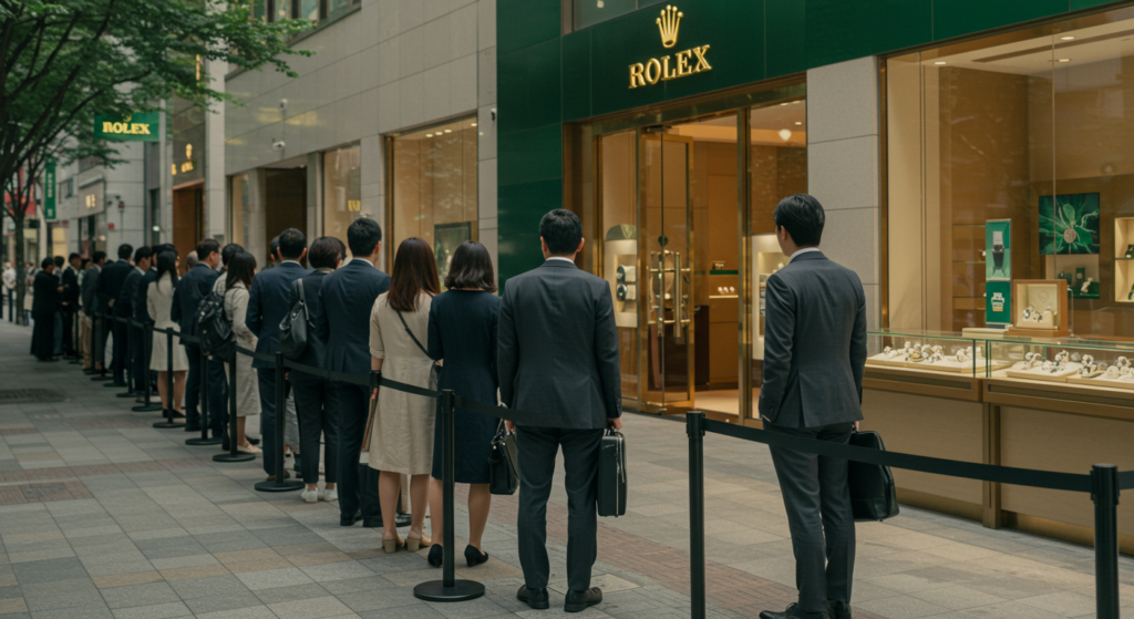 ロレックスマラソンの行列に並ぶビジネスマンたち